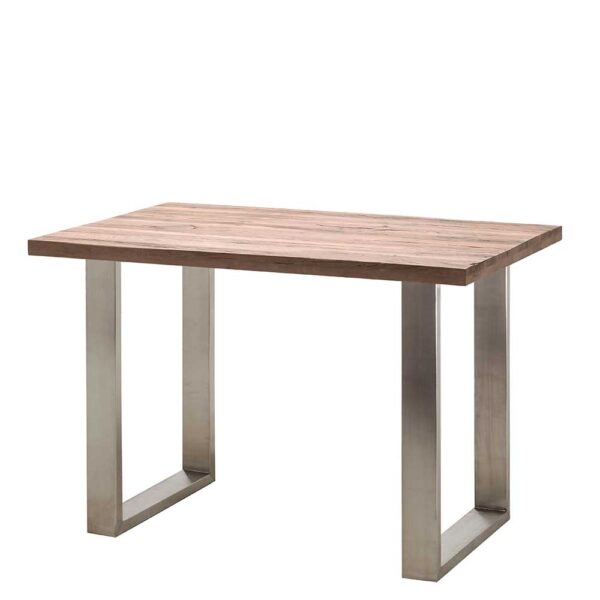 Massivholztisch in Eiche gekälkt Edelstahl Bügelgestell