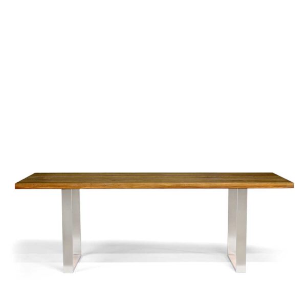 Esstisch aus Eiche Massivholz und Edelstahl 75 cm hoch