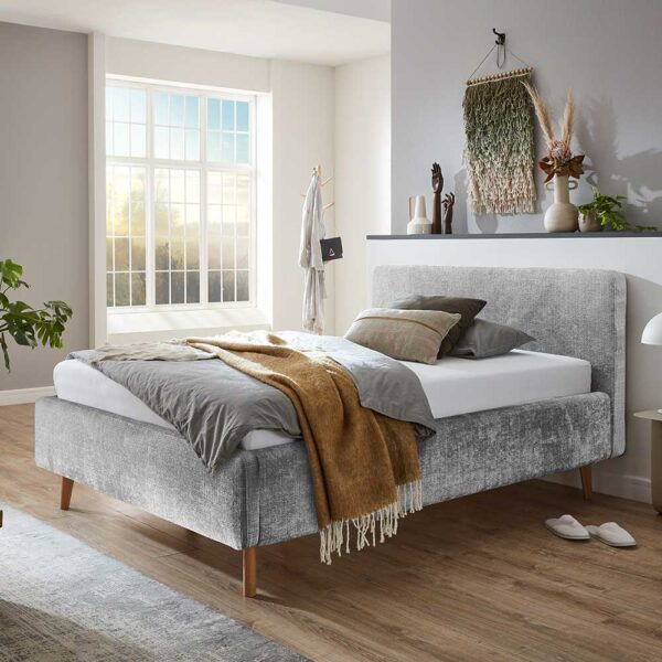 Polsterbett mit Bettkasten grau aus Boucle Stoff Eiche Massivholz