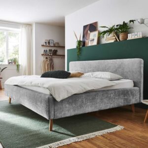 Doppeltbett Grau modern aus Boucle Stoff Eiche Massivholz